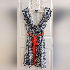 H&M Navy Blue Dress With Ruffle V-neck & orange Sash Women's Size 12